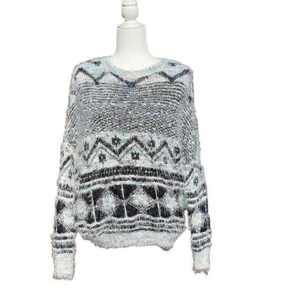 Paper Crane Women Boho Cozy Core Sweater M Blue White Geometric Eyelash Knit